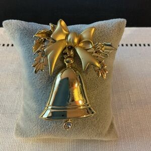 Gold Bell Brooch with Bow and Leaf Accents